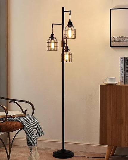 9MMML Floor Lamp for Living Room, Farmhouse Industrial Dimmable Floor lamp,3 Lights Metal Cage Tree Standing Lamp,68", 3Pcs Led Bulbs Included - LeafyLoom