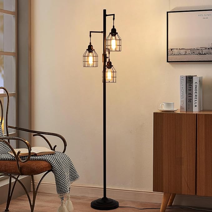 9MMML Floor Lamp for Living Room, Farmhouse Industrial Dimmable Floor lamp,3 Lights Metal Cage Tree Standing Lamp,68", 3Pcs Led Bulbs Included - LeafyLoom