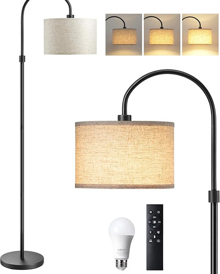 EDISHINE Dimmable Floor Lamp with Remote Control, Modern Arc Standing Lamp, 3000K-6500K Color Temperatures, Reading Light for Living Room Bedroom Office, Footswitch, LED Bulb Included, Black - LeafyLoom