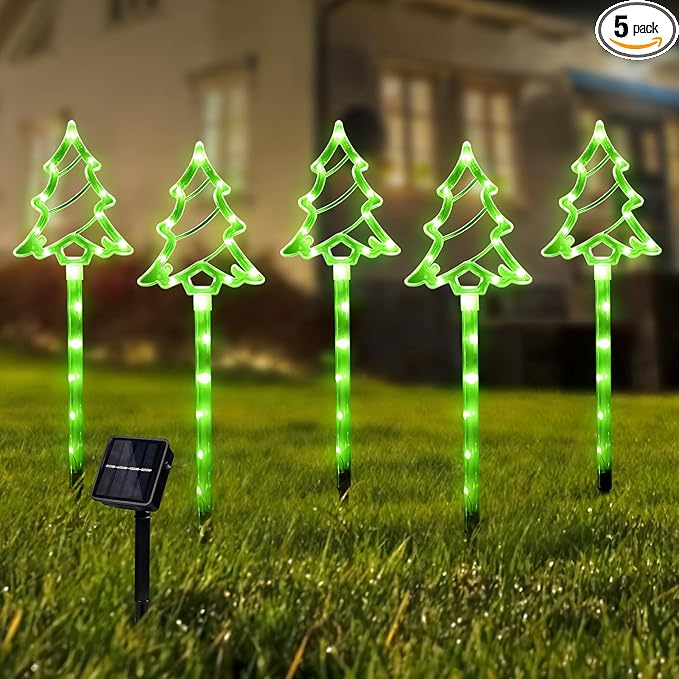 Solar Christmas Garden Lights Outdoor Decorations, 8 Modes Xmas Tree Candy Lights Waterproof Led Garden Stake Lights for Walkway Yard Lawn Porch Holiday Decor 5-Pack BRIGHTDECK