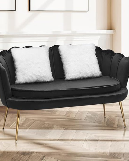 MoNiBloom 52" Black Velvet Loveseat Sofa with 2 Pillows, Modern 2-Seater Sofa Upholstered Tufted Love Seat Couch with Golden Metal Legs for Living Room Conference Room, 300 Lbs Capacity - LeafyLoom
