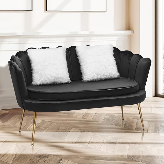 MoNiBloom 52" Black Velvet Loveseat Sofa with 2 Pillows, Modern 2-Seater Sofa Upholstered Tufted Love Seat Couch with Golden Metal Legs for Living Room Conference Room, 300 Lbs Capacity - LeafyLoom