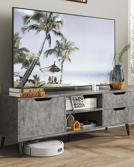 Maxtown TV Stands for Living Room, TV Console Table for 55 Inch TV, Entertainment Center with 1 Cabinet, 2 drawers, Media Console with Metal Feet for Bedroom, Living Room, Dark Grey - LeafyLoom