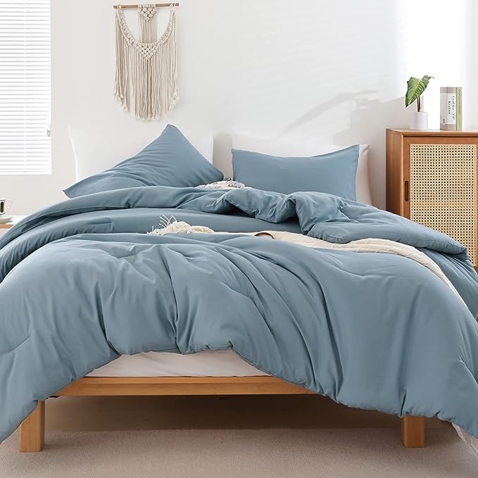 ROSGONIA King Size Comforter Set Dusty Blue, 3pcs (1 Boho Blue Comforter & 2 Pillowcases) All Season Bedding Lightweight Bedspread Blanket Quilt - LeafyLoom