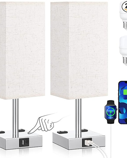 Off White Set of 2 Touch Lamp with USB Port-Nightstand Lamp with USB-C+A Charge Ports& AC Outlets, 3-Way Dimmable Bedside Lamp with Shade,Small Table Lamp for Bedroom Guest Room( Bulb Included) - LeafyLoom