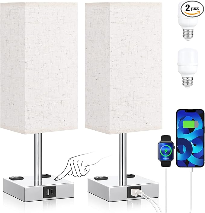 Off White Set of 2 Touch Lamp with USB Port-Nightstand Lamp with USB-C+A Charge Ports& AC Outlets, 3-Way Dimmable Bedside Lamp with Shade,Small Table Lamp for Bedroom Guest Room( Bulb Included) - LeafyLoom