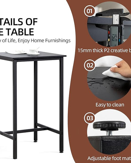 Finnhomy Bar Table, 23.6" Pub Table High Top Table, Square Bar Height Table, Counter Height Cocktail Table, Small Kitchen Table Set for 2, Breakfast for Kitchen, Living Room, Rustic Black - LeafyLoom