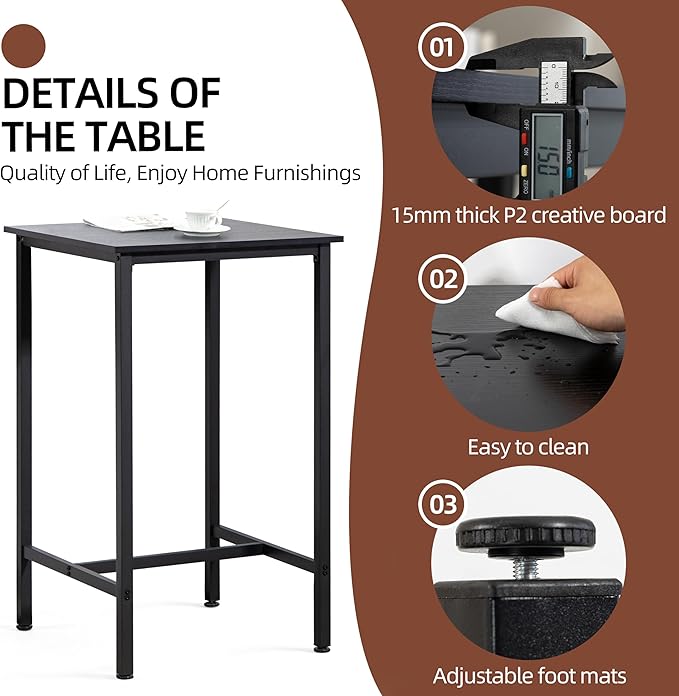 Finnhomy Bar Table, 23.6" Pub Table High Top Table, Square Bar Height Table, Counter Height Cocktail Table, Small Kitchen Table Set for 2, Breakfast for Kitchen, Living Room, Rustic Black - LeafyLoom