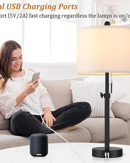 Table Lamp for Bedroom Set of 2, 23" to 30" Height Adjustable Bedside Lamp with 2 USB Ports, Black Nightstand Lamp with White Shade, Modern Pull Chain Table Lamp for Living Room End Table - LeafyLoom