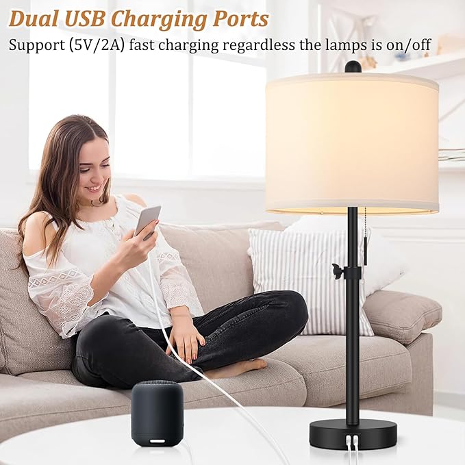 Table Lamp for Bedroom Set of 2, 23" to 30" Height Adjustable Bedside Lamp with 2 USB Ports, Black Nightstand Lamp with White Shade, Modern Pull Chain Table Lamp for Living Room End Table - LeafyLoom