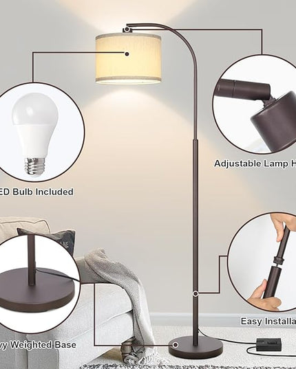 Boncoo Dimmable Floor Lamp, Arc Standing Lamp with Stepless Dimmer, Brown Floor Lamp with Adjustable Linen Beige Shade for Living Room Bedroom Study Room Office, 9W 3000K LED Bulb Included - LeafyLoom