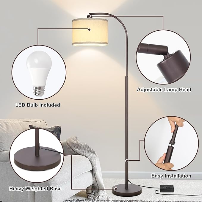 Boncoo Dimmable Floor Lamp, Arc Standing Lamp with Stepless Dimmer, Brown Floor Lamp with Adjustable Linen Beige Shade for Living Room Bedroom Study Room Office, 9W 3000K LED Bulb Included - LeafyLoom