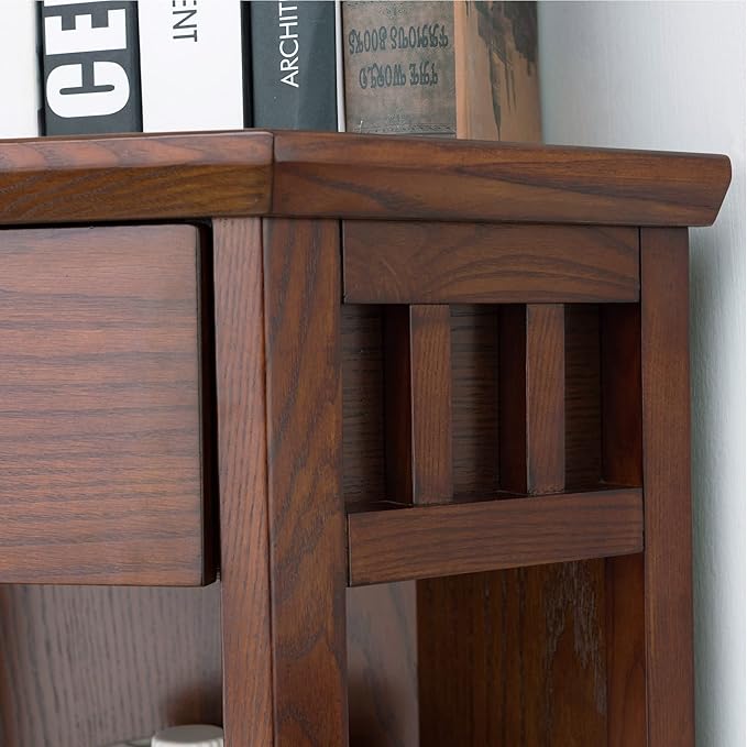 Leick Home Mantel Height Corner Bookcase with Drawer Storage, Made with Solid Wood, for Entryway, Living Rooms, Home Office, Bedroom, Mission Oak Finish, 12"D x 32"W x 50"H, Brownbronze - LeafyLoom