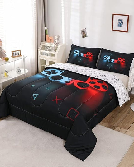 Boys Gamepad Comforter Set Full,Play Gamer Bedding Set Kid Young Man Video Games Down Comforter for Teen Child Game Room Decor Black Classic Retro Gaming Quilt Duvet Set with Controller Button - LeafyLoom