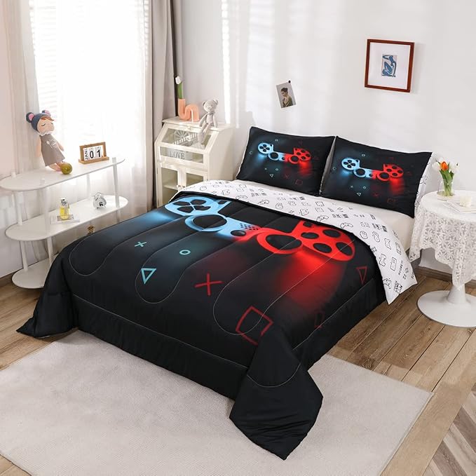 Boys Gamepad Comforter Set Full,Play Gamer Bedding Set Kid Young Man Video Games Down Comforter for Teen Child Game Room Decor Black Classic Retro Gaming Quilt Duvet Set with Controller Button - LeafyLoom