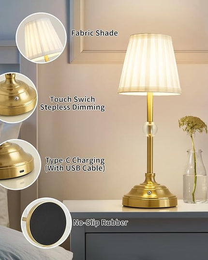 LED Cordless Table Lamps Rechargeable 5000mAh Battery Operated Powered Lighting Small Table lamp,Portable Fabric Shade Bronze Table Lamps,Touch Lamp Dimmable for Bedroom/Bedside/Living Room - LeafyLoom