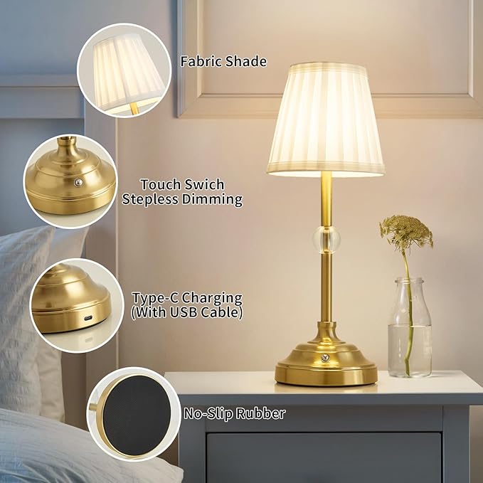 LED Cordless Table Lamps Rechargeable 5000mAh Battery Operated Powered Lighting Small Table lamp,Portable Fabric Shade Bronze Table Lamps,Touch Lamp Dimmable for Bedroom/Bedside/Living Room - LeafyLoom