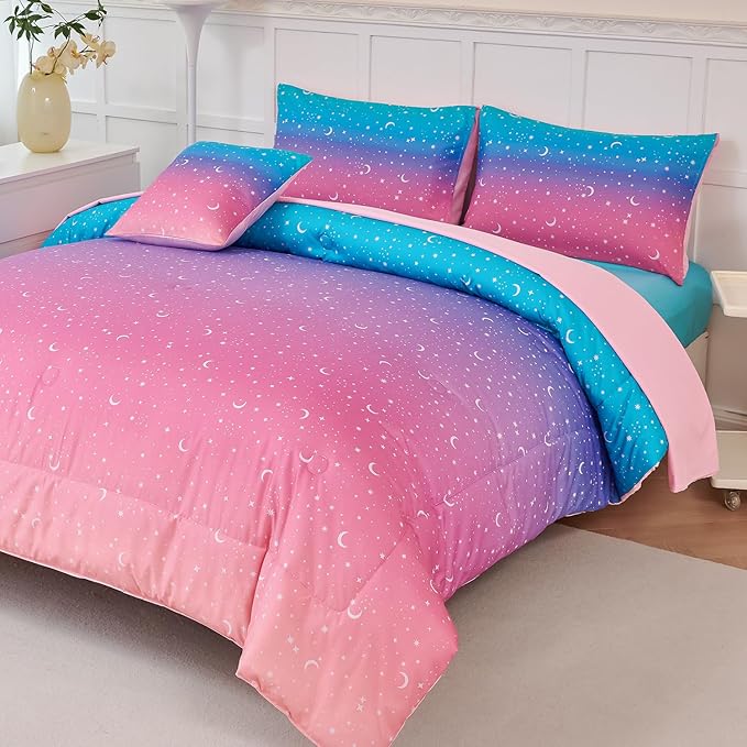 URBONUR 6 Pieces Full Size Comforter Set for Girls Moon Star Printed Bedding Set Gradient Pink Purple Blue, Soft Microfiber All Season Kids Bed Sets (Full Size, 6PCS) - LeafyLoom