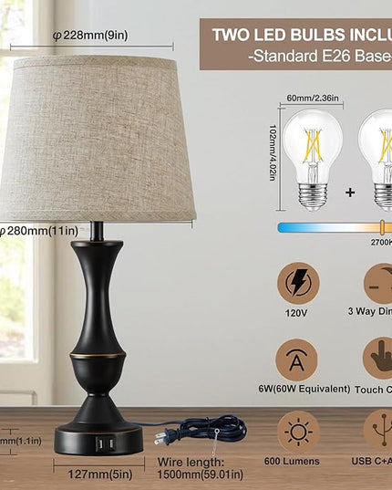 Luvkczc Table Lamps for Bedrooms Set of 2, Bedside Lamps with USB C+A Ports, Lamps for Nightstand, Touch Table Lamps, 3 Way Dimmable Nightstand Lamps for Bedroom, Living Room (Bulb Included) - LeafyLoom