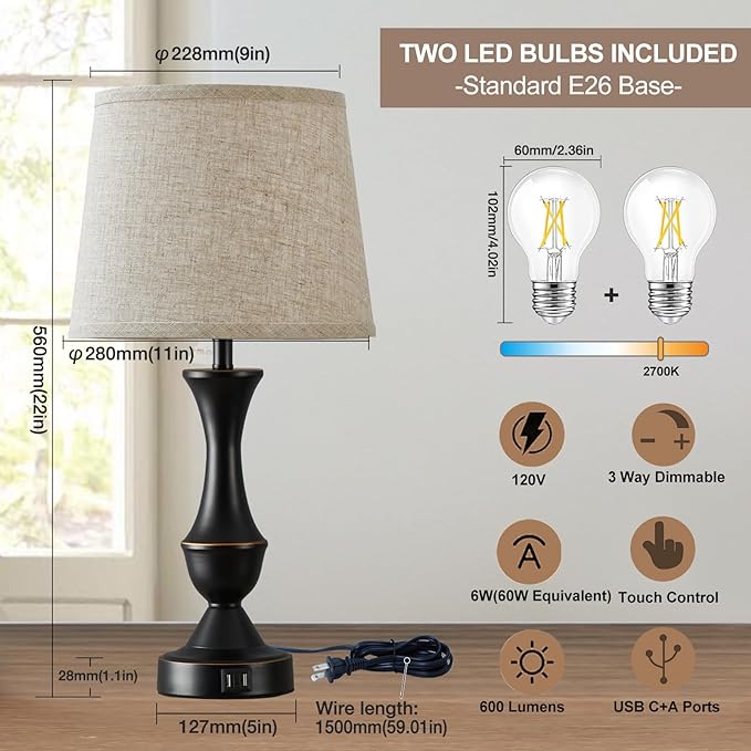 Luvkczc Table Lamps for Bedrooms Set of 2, Bedside Lamps with USB C+A Ports, Lamps for Nightstand, Touch Table Lamps, 3 Way Dimmable Nightstand Lamps for Bedroom, Living Room (Bulb Included) - LeafyLoom