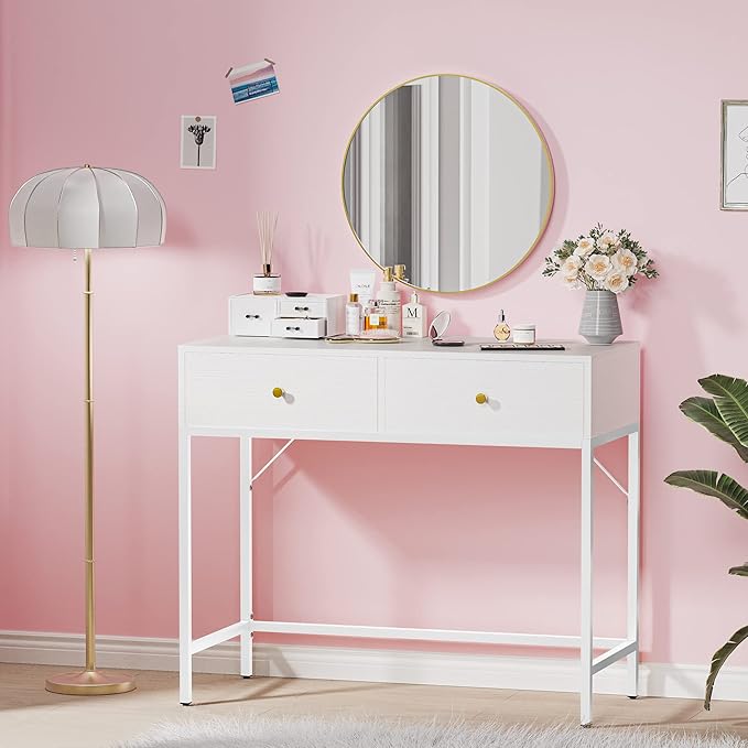 SUPERJARE 35.4" White Desk with 2 Drawers, Modern Makeup Vanity Desk, Small Computer Desk Home Office Desk for Writing Study Bedroom - LeafyLoom