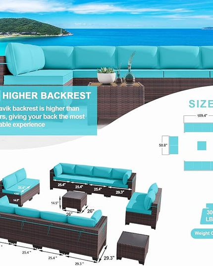 Kullavik 14PCS Outdoor Patio Furniture Set PE Wicker Rattan Sectional Sofa Patio Conversation Sets,Blue - LeafyLoom