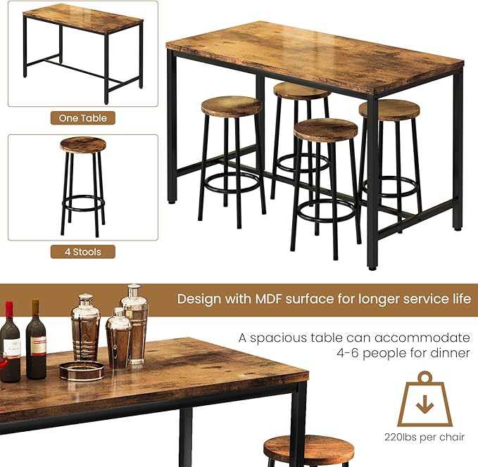 DKLGG Dinner Table Set for 4, Modern Kitchen Table and Chairs for 4 Wooden Top and Adjustable Metal Legs, Small Dining Room Table Set 5 Pieces Compact Design for Small Space - LeafyLoom
