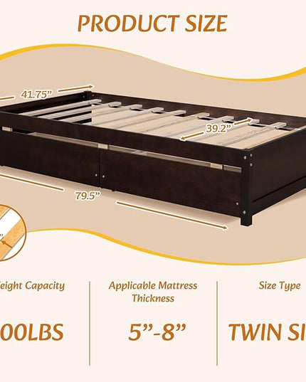 Twin Bed with 2 Storage Drawers, Solid Pinewood Twin Size Bed Frame,for Boys/Girls/Teens Bedroom, Easy to Assemble, No Box Spring Needed,Espresso - LeafyLoom