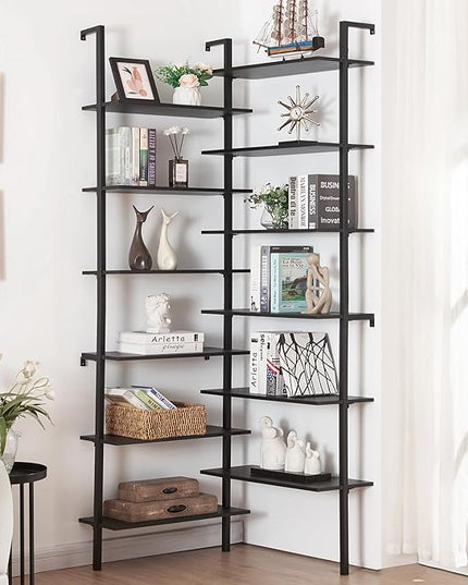 HOMISSUE Corner Bookshelf, 12-Tier L Shaped Bookshelf, Double Wide Corner Wall Mount Bookcase with Metal Frame and Wood, Modern Industrial Corner Shelf for Living Room, Kitchen, Home Office Black - LeafyLoom