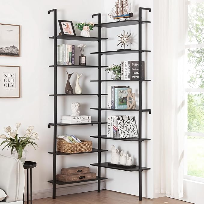 HOMISSUE Corner Bookshelf, 12-Tier L Shaped Bookshelf, Double Wide Corner Wall Mount Bookcase with Metal Frame and Wood, Modern Industrial Corner Shelf for Living Room, Kitchen, Home Office Black - LeafyLoom