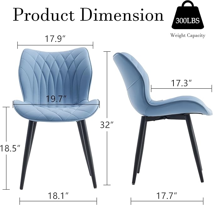 YOUNIKE Dining Chairs Set of 2 Upholstered Faux Leather Dining Room Chairs, Modern Kitchen Chairs Living Room Bedroom Side Chairs with Wide Curved Back and Adjustable Metal Legs, Blue - LeafyLoom