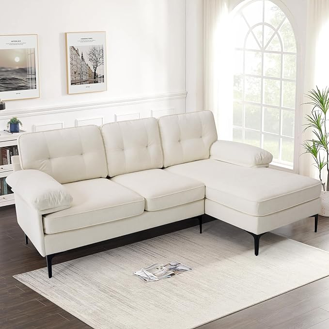 COHOME L-Shaped Couch for Living Room, Chenille Upholstered Couch with Reversible Chaise, Apartment Couch with Deep Seat,Washable Cover,Beige White - LeafyLoom