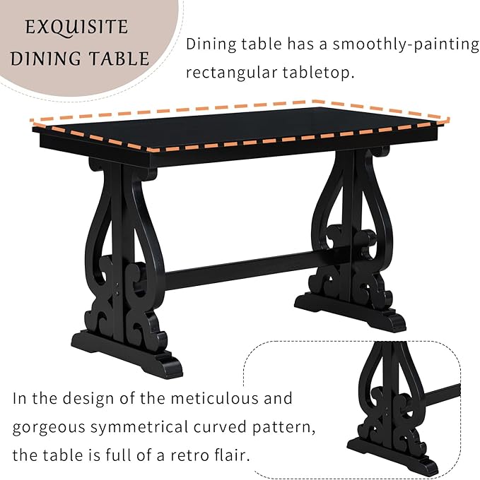 5-Piece Retro Dining Set with Rectangular Symmetrical Arc Pattern Design Wooden Table and 4 Upholstered Chairs, Kitchen Dinette Furniture for Living Room, Home Bar, Black+Beige-1 - LeafyLoom