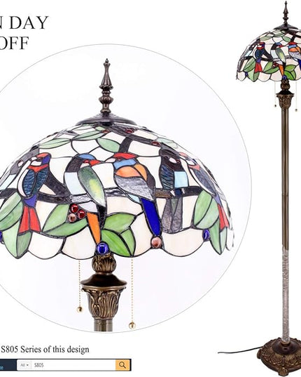 WERFACTORY Tiffany Floor Lamp Double Birds Amber Stained Glass Standing Reading Light 16X16X64 Inches Antique Pole Corner Lamp Decor Bedroom Living Room Home Office S805 Series - LeafyLoom