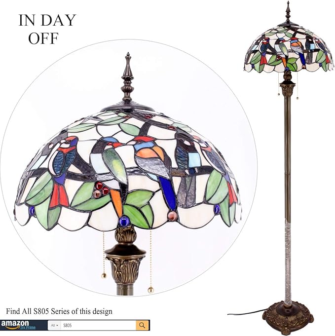 WERFACTORY Tiffany Floor Lamp Double Birds Amber Stained Glass Standing Reading Light 16X16X64 Inches Antique Pole Corner Lamp Decor Bedroom Living Room Home Office S805 Series - LeafyLoom