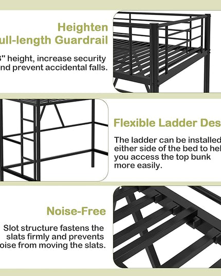 VECELO Metal Loft Bed Twin Size, Heavy Duty Bedframe with Removable Ladder and Safety Guardrail, Space-Saving, Noise Free, No Box Spring Needed, Black - LeafyLoom