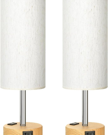Touch Bedside Table Lamps Set - 3 Way Dimmable Bedroom Lamps Set of 2 with USB C and A Ports, Small Lamps for Nightstand with AC Outlet, Wood Base Round Flaxen Shade for Desk, Office, Dorm, Nursery - LeafyLoom