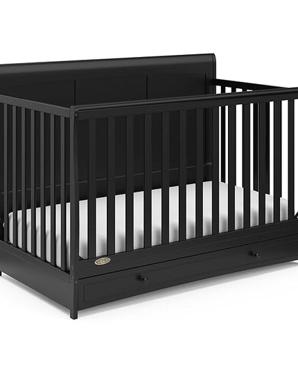 Graco Asheville 4-in-1 Convertible Crib with Drawer (Black) – GREENGUARD Gold Certified, Crib with Drawer Combo, Full-Size Nursery Storage Drawer, Converts to Toddler Bed, Daybed and Full-Size Bed - LeafyLoom