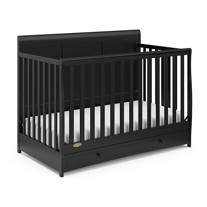 Graco Asheville 4-in-1 Convertible Crib with Drawer (Black) – GREENGUARD Gold Certified, Crib with Drawer Combo, Full-Size Nursery Storage Drawer, Converts to Toddler Bed, Daybed and Full-Size Bed - LeafyLoom