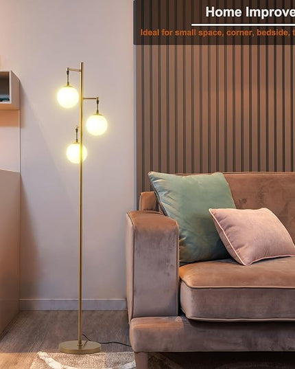 Modern Gold Globe Floor Lamp with 3 Frosted Orb Glass Shade and 3000K LED Bulbs, Mid Century Standing Lamp, Farmhouse Retro Tall Lamp for Living Room Bedroom - LeafyLoom