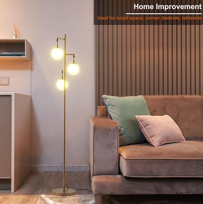 Modern Gold Globe Floor Lamp with 3 Frosted Orb Glass Shade and 3000K LED Bulbs, Mid Century Standing Lamp, Farmhouse Retro Tall Lamp for Living Room Bedroom - LeafyLoom