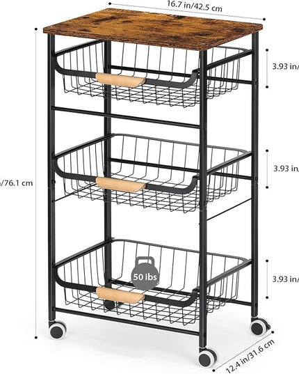 HEOMU 4 Tier Rolling Kitchen Storage Cart, Metal Microwave Stand Kitchen Island Cart on Wheels with Storage for Kitchen, Bathroom, Living Room, Bar, Office, Rustic Brown - LeafyLoom