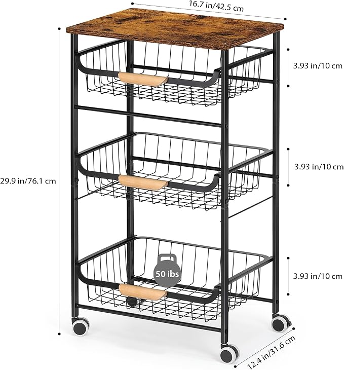 HEOMU 4 Tier Rolling Kitchen Storage Cart, Metal Microwave Stand Kitchen Island Cart on Wheels with Storage for Kitchen, Bathroom, Living Room, Bar, Office, Rustic Brown - LeafyLoom