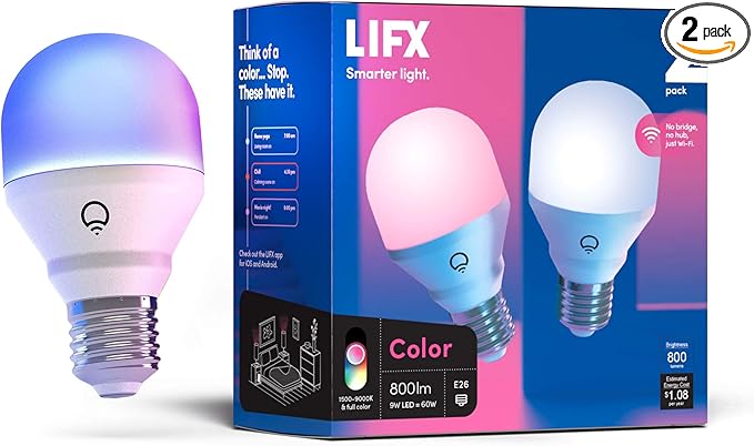 LIFX Color A19 800 lumens, Billions of Colors and Whites, Wi-Fi Smart LED Light Bulb, No Bridge Required, Works with Alexa, Hey Google, HomeKit and Siri (2-Pack) LIFX