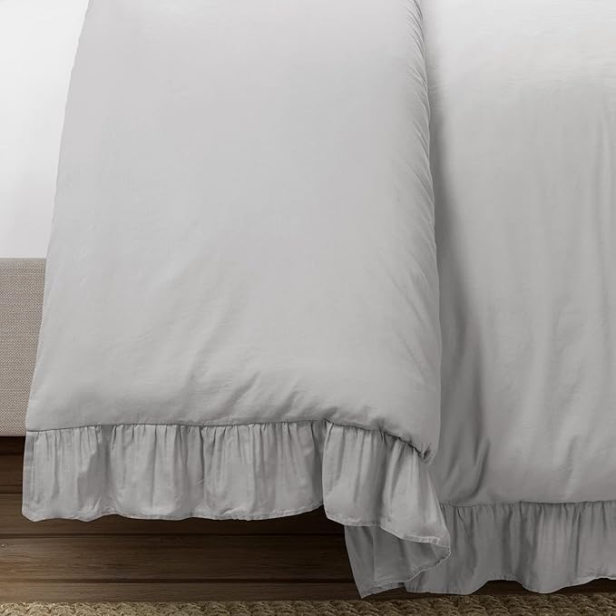 Lush Decor Reyna Ruffle 100% Cotton Duvet Cover Set - 3 Piece Cozy Ruffled Bedding Set - Timeless Elegance and Comfort - King, Light Gray - LeafyLoom