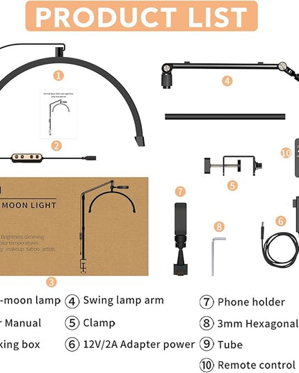 Half Moon Light for Lashes, 22'' Lash Light for Eyelash Tech, Led Half Moon Lash Light Lamp for Eyelash Extensions, Tattoo Artists, Nail Tech, Filming Content Creation - LeafyLoom