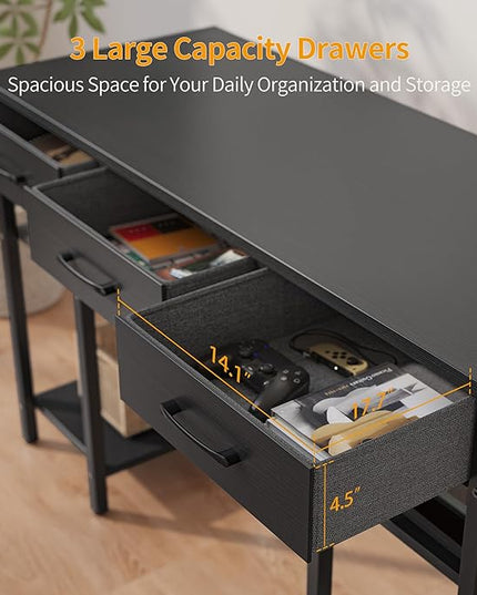 CubiCubi 47 Inch Computer Desk with 3 Drawers and Storage Shelves, Small Home Office Desk, Study Writing Table, Simple Desk for Bedroom, Black - LeafyLoom