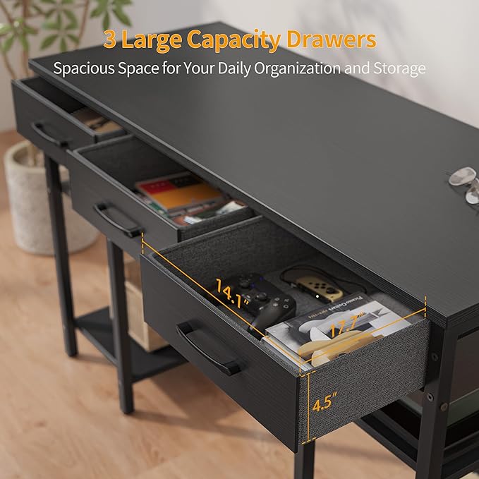 CubiCubi 47 Inch Computer Desk with 3 Drawers and Storage Shelves, Small Home Office Desk, Study Writing Table, Simple Desk for Bedroom, Black - LeafyLoom
