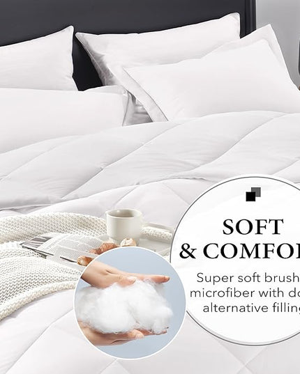 downluxe Queen Comforter Set - White Comforter Set Queen, 3 Pieces Solid Comforter Set Queen Size for All Seasons, 1 Lightweight Fluffy Comforter (88"x92") and 2 Pillow Shams - LeafyLoom