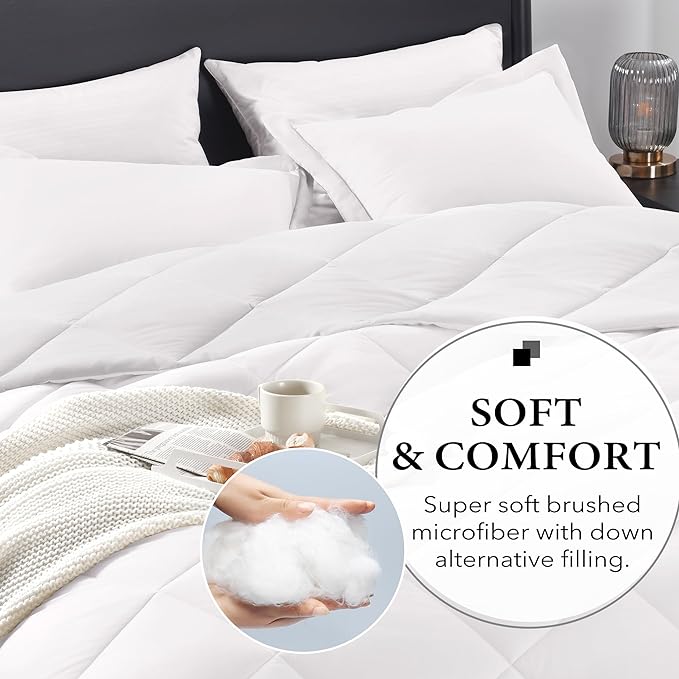 downluxe King Size Comforter Set - White King Comforter Set, 3 Pieces Soft Solid Comforter King Size Set for All Seasons, 1 Lightweight Fluffy Comforter (104"x92") and 2 Pillow Shams - LeafyLoom